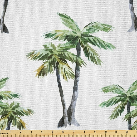 Ambesonne Palm Tree Fabric by the Yard Microfiber, Watercolor Trees Art, 10 Yards, Grey Green White