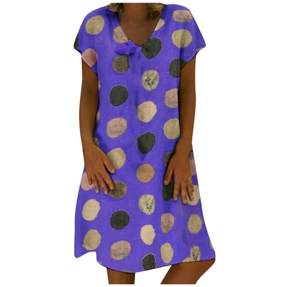 fartey Casual Dress for Women 2025 Plus Size V Neck Short Sleeve Midi Sundresses Loose Summer Dot Print Lightweight Soft Dresses