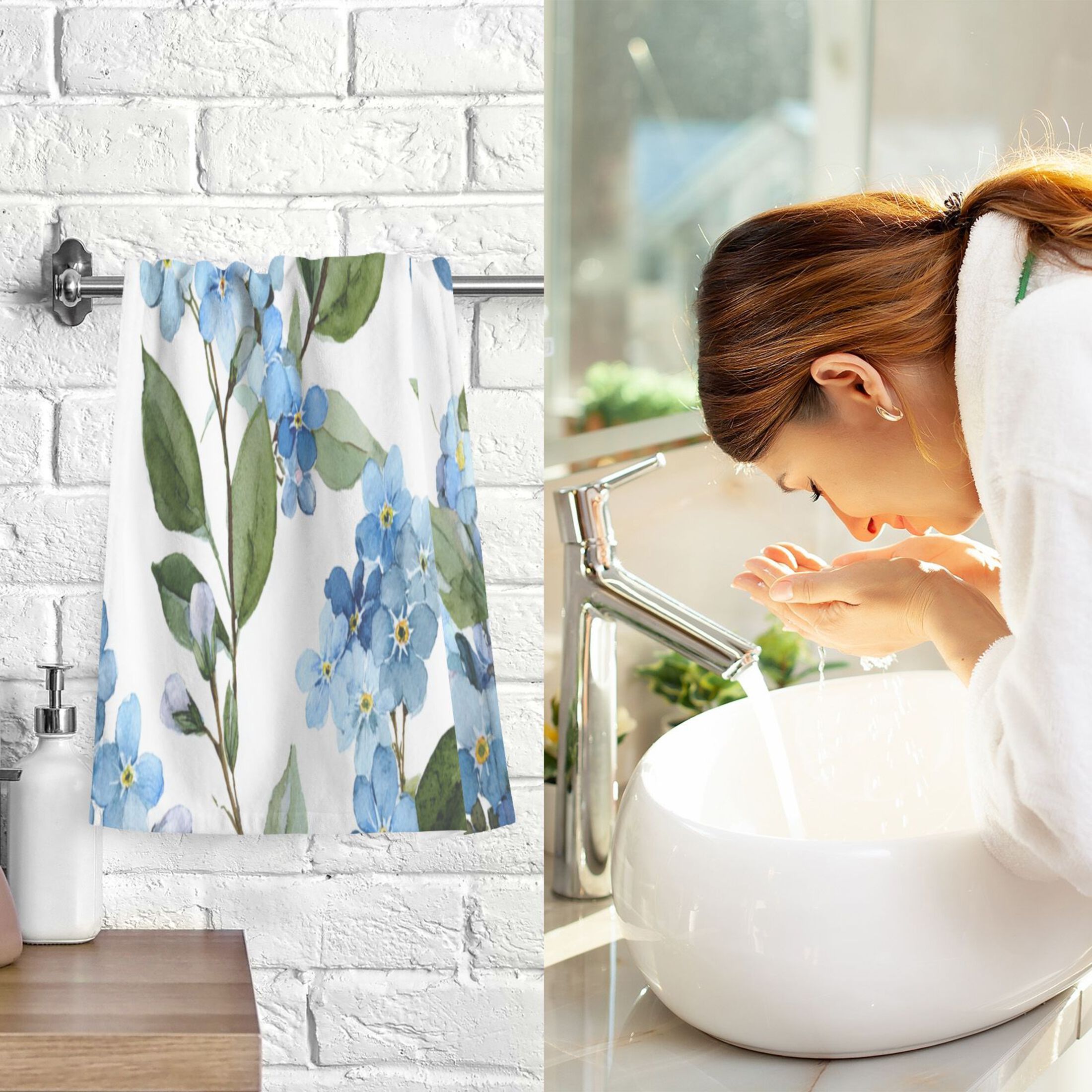 2 Pieces of Cotton Towel Face Towel Set Hand Towel Bath Towel Cotton Bath Towel Sets Beautiful Blue Flowers Cute