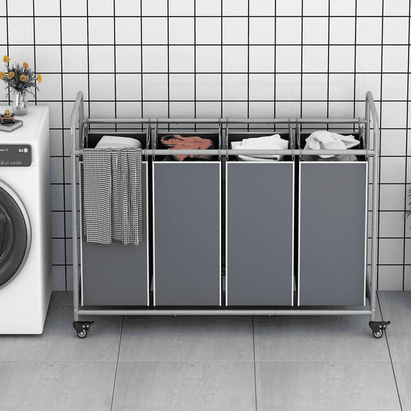 4 Bag Laundry Basket Sorter Laundry Hamper Cart with Heavy Duty Rolling Lockable Wheels and Removable Bags Organiser
