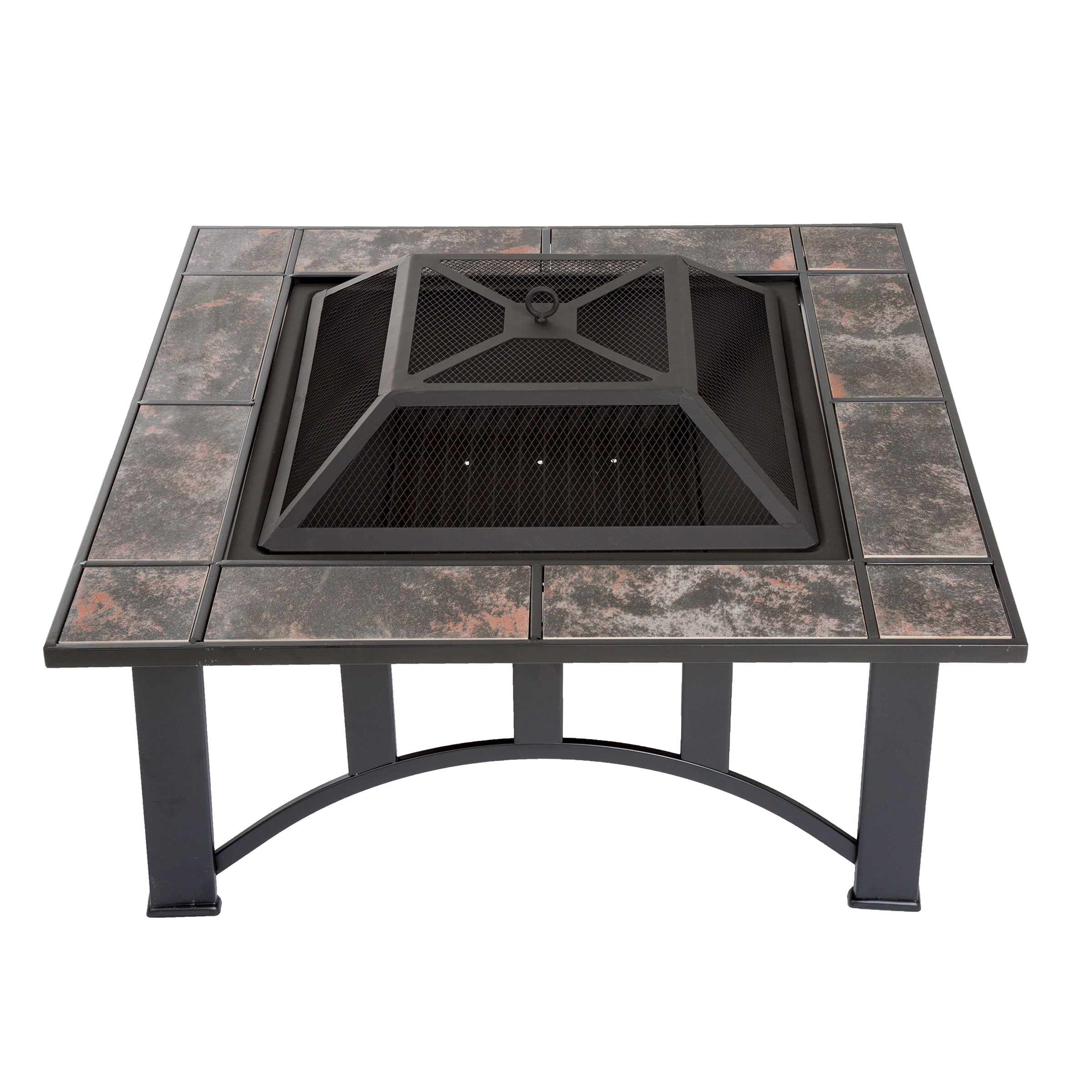 Fire Pit Table 33 Inch Square Wood Burning Bonfire Pit With Marble Tile Edge Spark Screen Cover And Log Poker For Backyard Or Patio By Pure Garden Walmart Com