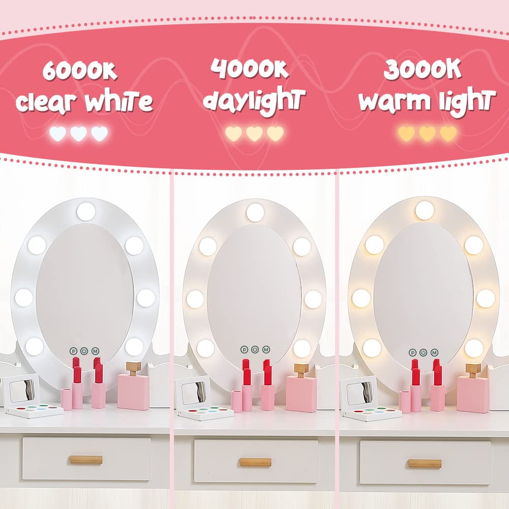 TROPOW Kids Vanity Set with Drawer and Stool, Girls Vanity Set with with Lights and Mirror for Girls, Wood Makeup Playset Birthday for Age 4-9 Years, White