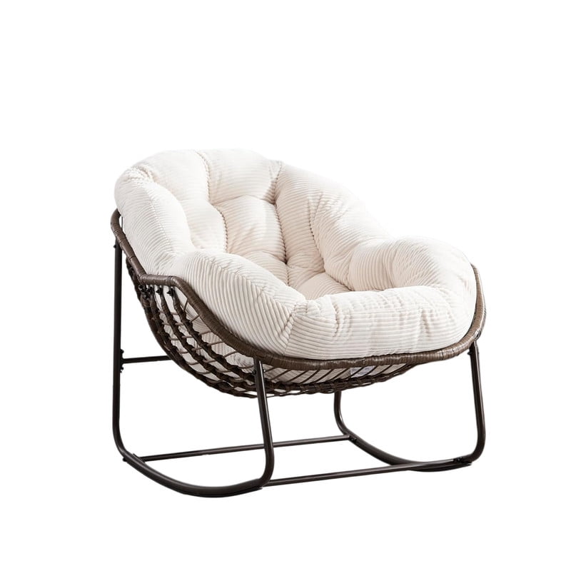 Outdoor Rattan Rocking Chair, Rocking Papasan Chair with Thick Cushion, Comfy Wicker Egg Chairs Lounge Recliner Chair, Padded Cushion Rocker