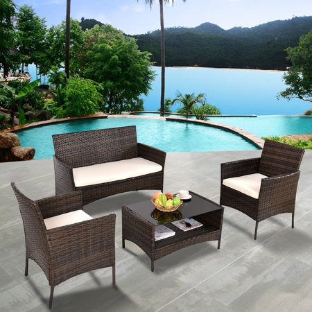 Costway 4 Pcs Outdoor Patio Rattan Furniture Set Table Shelf Sofa