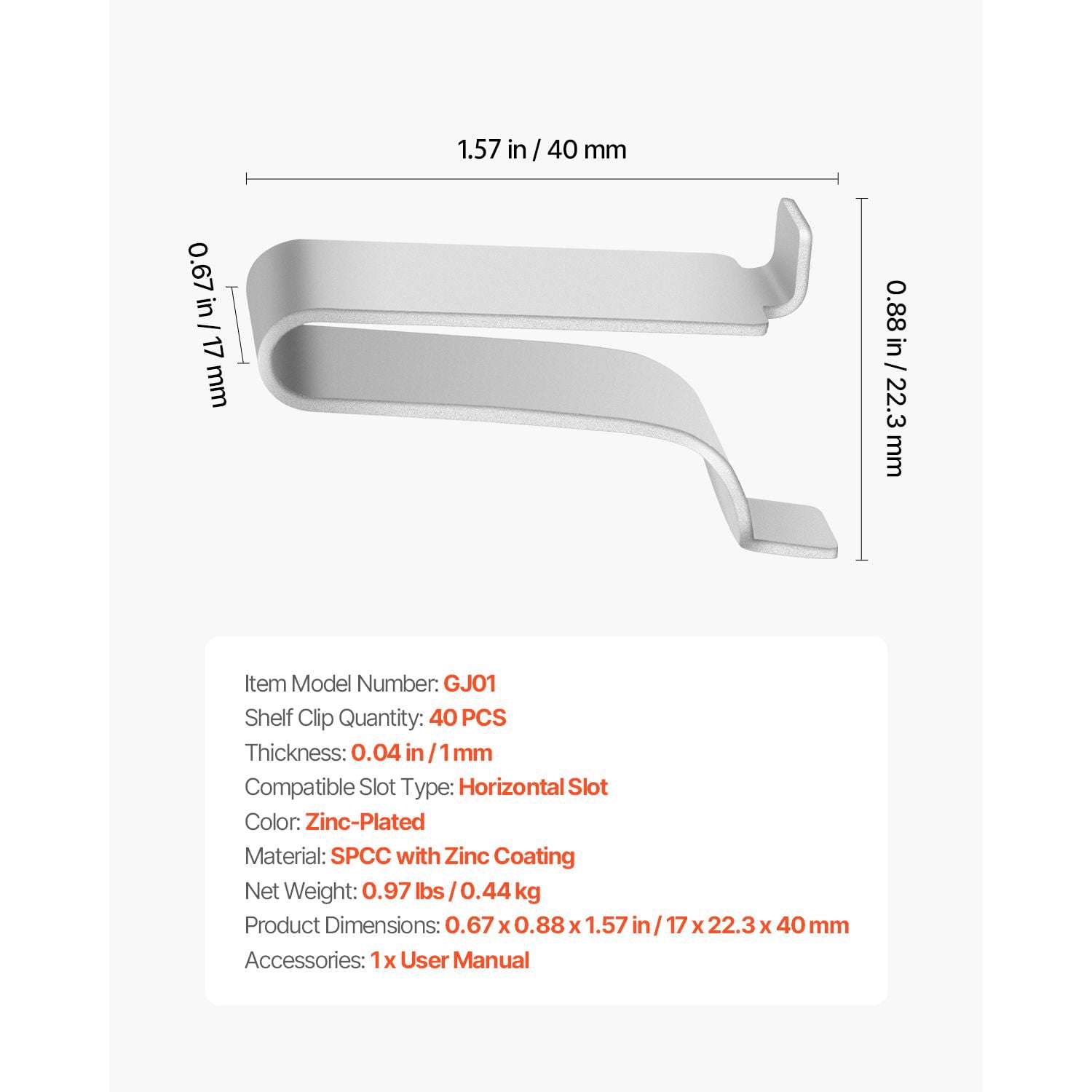 Shelf Clips for Horizontal Slotted Rails 0.67x0.88x1.57in, Adjustable Metal Shelf Support Clips, Secure Seamless Fit for Wire Shelving Storage