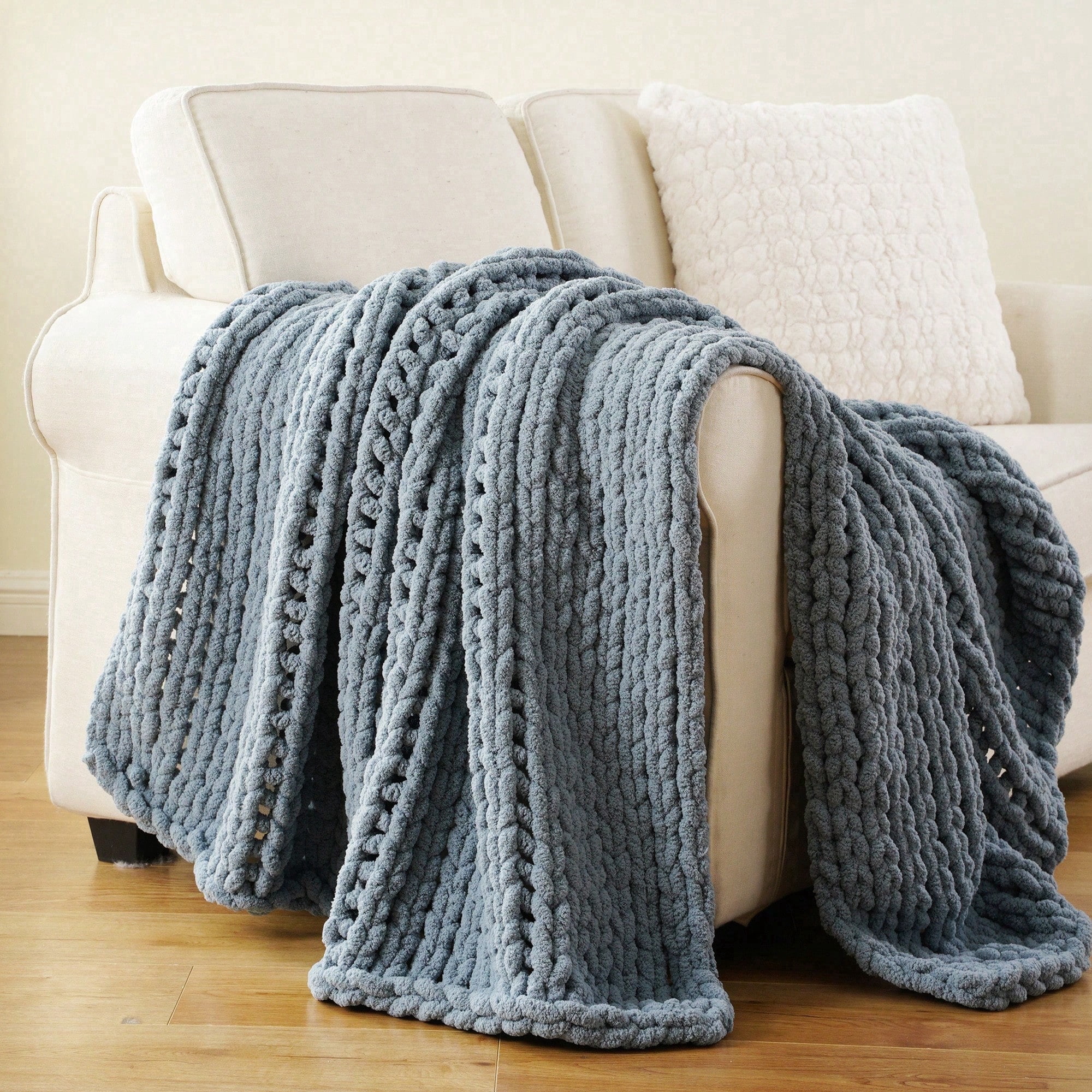 Battilo Bluish Grey Chunky Knit Throw Blanket,Handmade Cable Knit Crochet Blanket for Home Decor,50"x60"