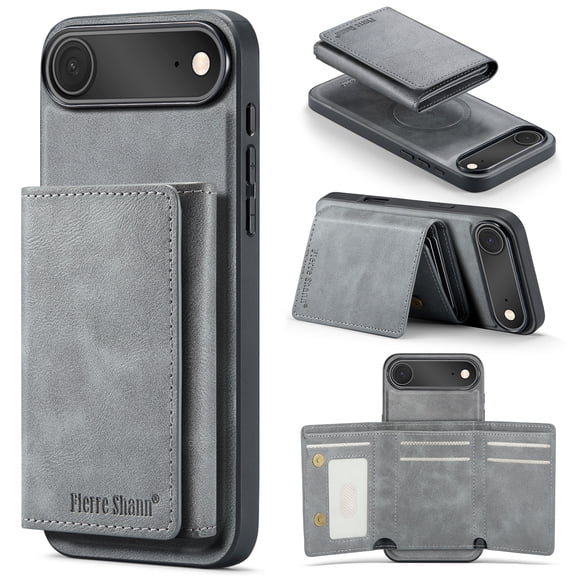 ELEHOLD Leather Wallet Case for iPhone 17 Air, Faux Leather TPU Back Shockproof Anti-Scratch Flip Stand Magnetic Datachable Card Holder Wallet Case for iPhone 17 Air,Gray