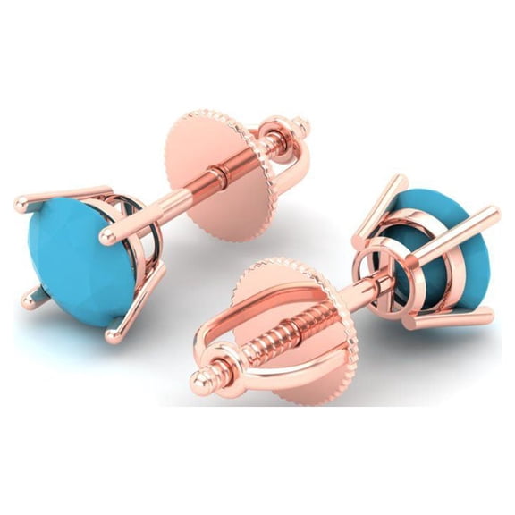 0.5 Ct Round Cut Studs Blue Turquoise 14K Rose Solid Solid Gold Everyday Dainty Earrings Screw Back