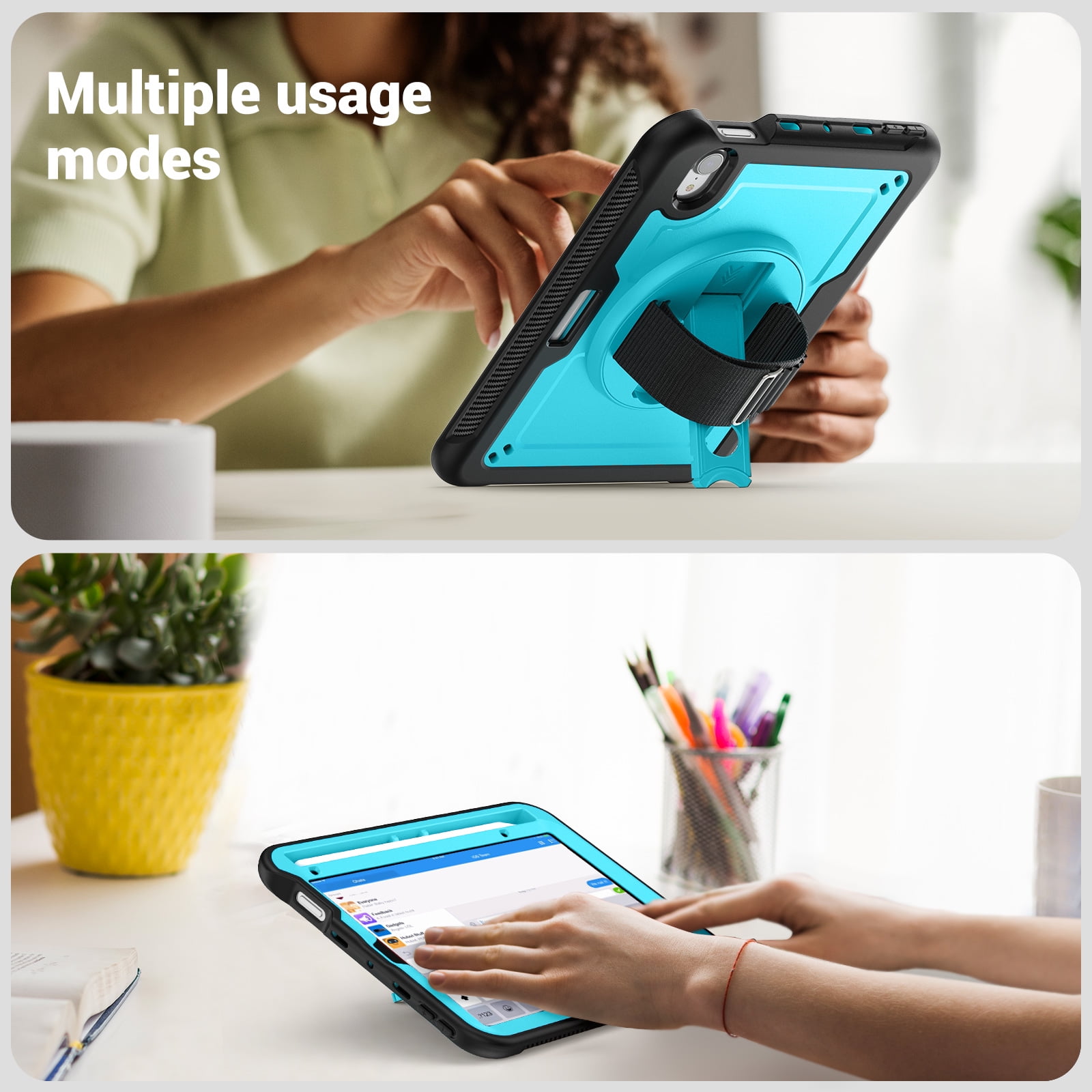 ELEHOLD Rugged Case For Apple iPad 11th(A16) 2025/10th Gen 2022,360 Rotating Stand Hand Strap Shoulder Strap Pencil Holder Full-Body Heavy Duty Shockproof Protective Case,Lightblue