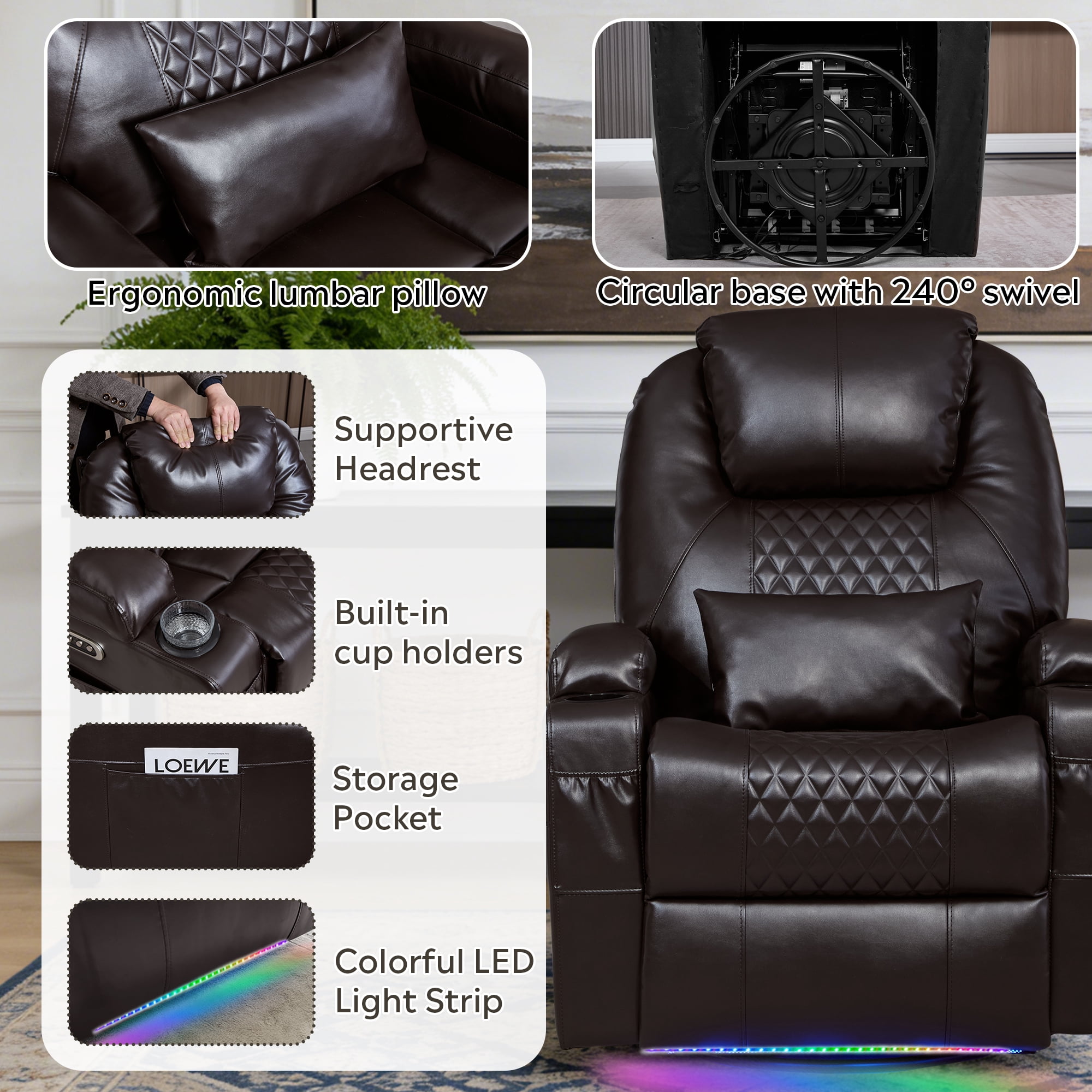 Dual Motor Power Swivel Rocker Recliner Chair for Adults with Heat and Massage, Electric Wall Hugger Rocking Recliner for Nursery Living Room with LED Lights, USB A&C Ports