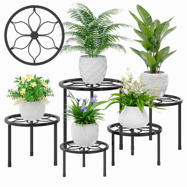 Set de 5 soportes para plantas VECELO de metal resistente, color negro