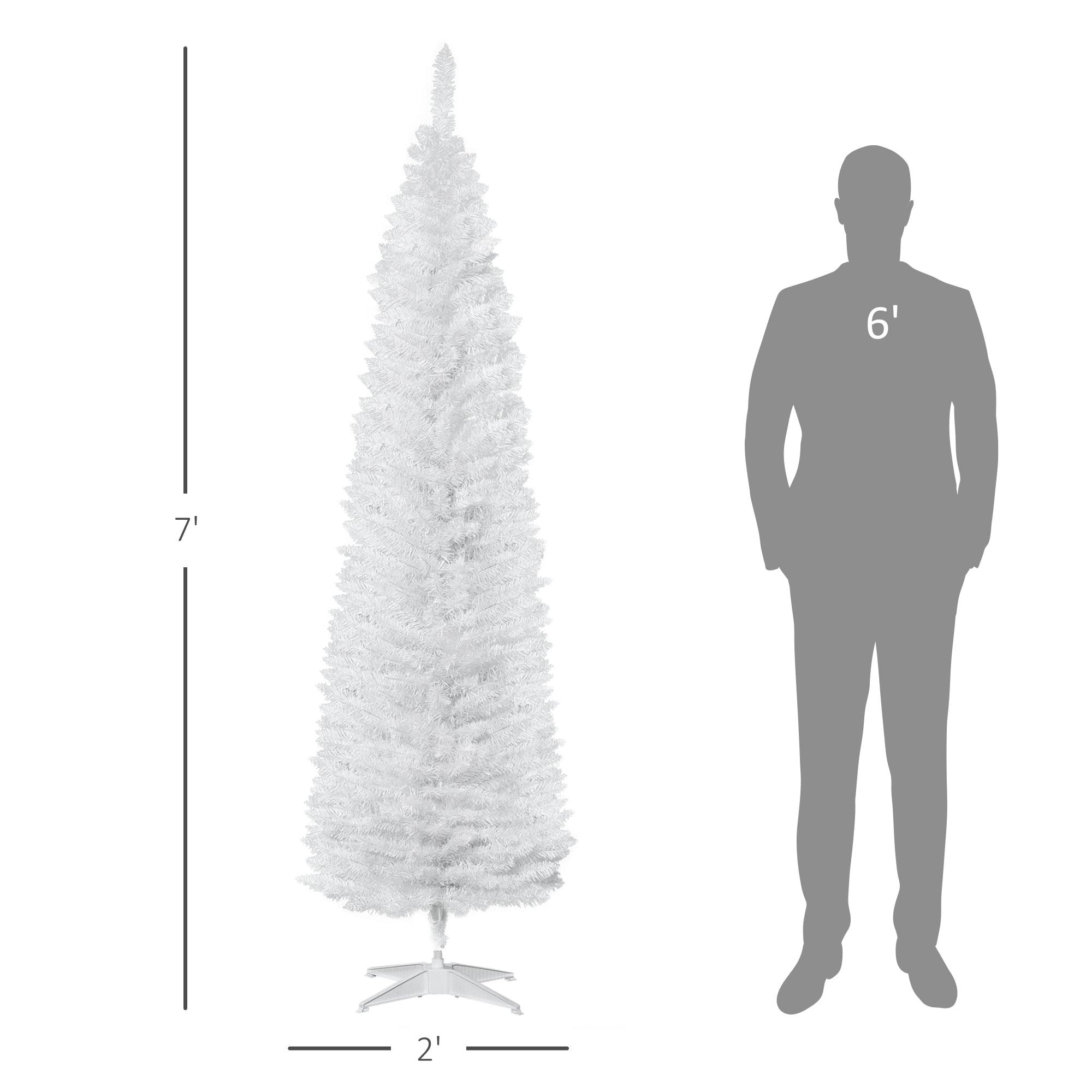 7FT White Slim Pencil Artificial Christmas Tree, 499 Plastic Branch Tips, Detachable Sturdy Plastic Base, Easy Storage, Indoor Holiday Decor