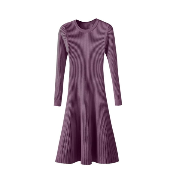 XFYSSS Fashion Casual Women's Mid Length Dress Round Neck Solid Color Dress Inner Layer Woolen A-Line Dress Autumn And Winter Slim Fit Dress