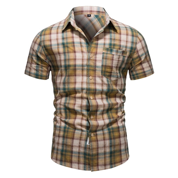 Txlixc Camisa de botón de manga corta con solapa a cuadros Txlixc moda