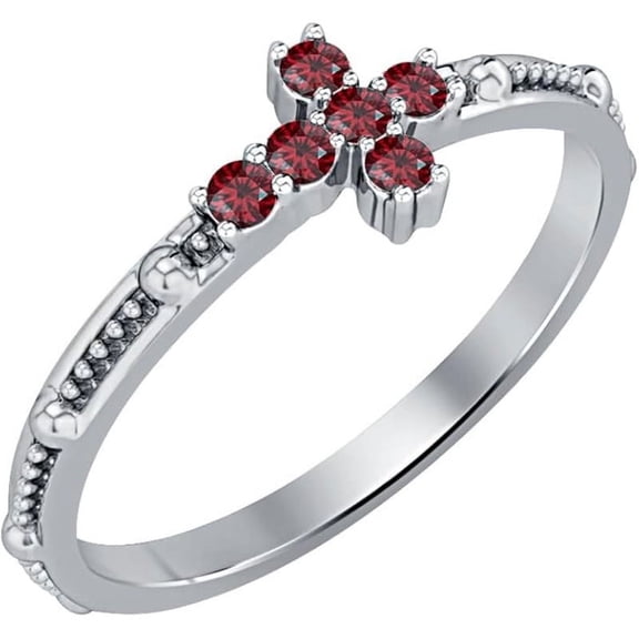 925 Sterling Silver White Gold Plated Red Garnet Cross Ring - Women's Christmas Gift