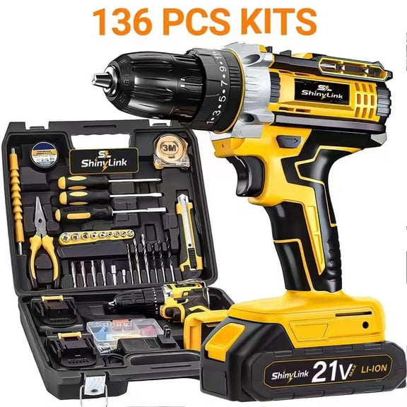 Shinylink Cordless Drill, 21V Power Drill Set W/ 2PC Battery, Electric Drill, 2-Speed Transmission For Screwdriving And Drilling, Yellow