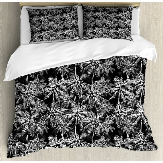 Vintage Palm Duvet Cover Set Queen Size, Print of a Jungle Scene Clutter Island Forest Trees in Monochrome, Decorative 3 Piece Bedding Set with 2 Pillow Shams, Charcoal Grey and White, by Ambesonne