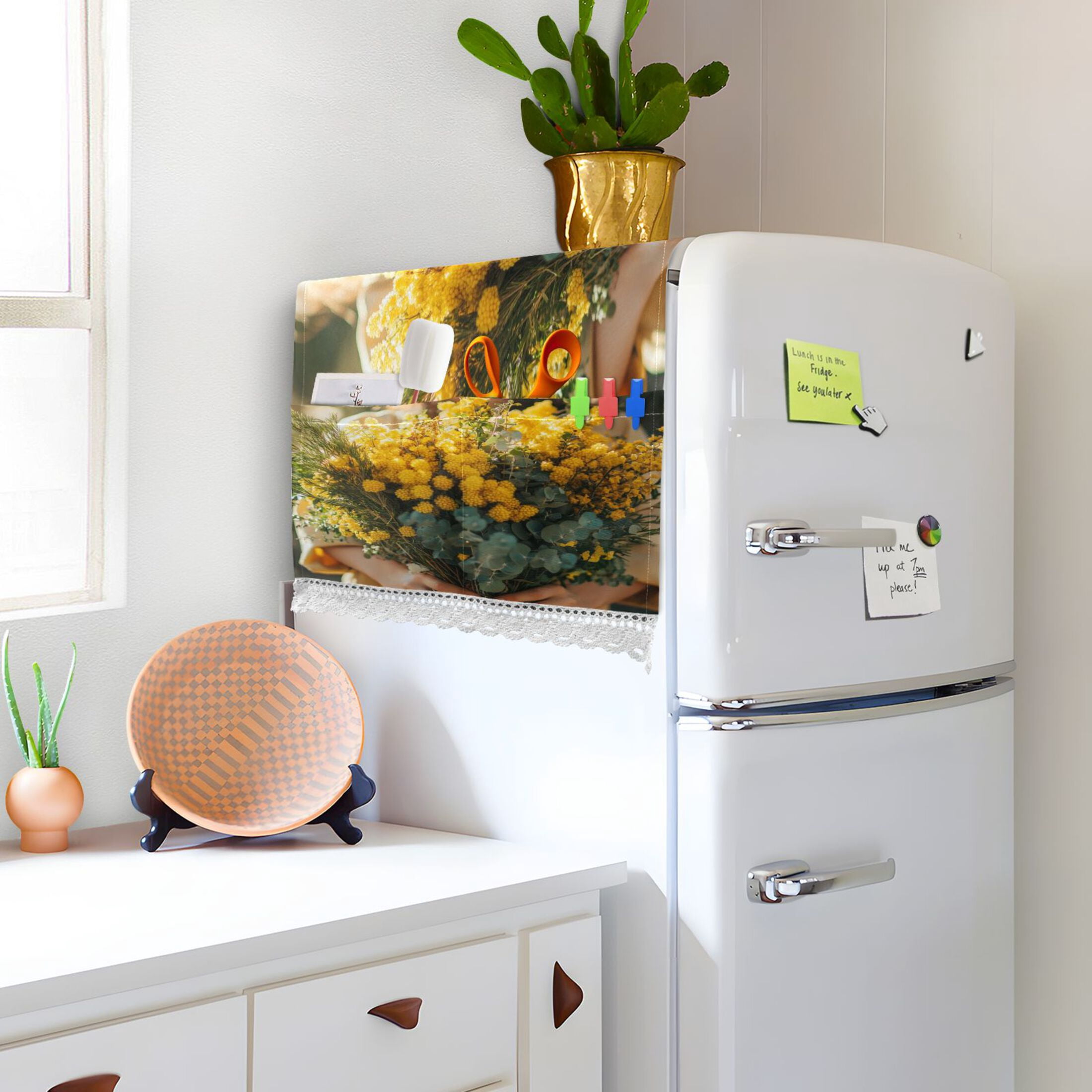 Hold Yellow FlowerWasher and Dryer Covers Dust-Proof and Oil Resistant Fridge Cover with 4 Storage Pockets Washing Machine Top Cover for Laundry Kitchen Home 51.2 x 22 In