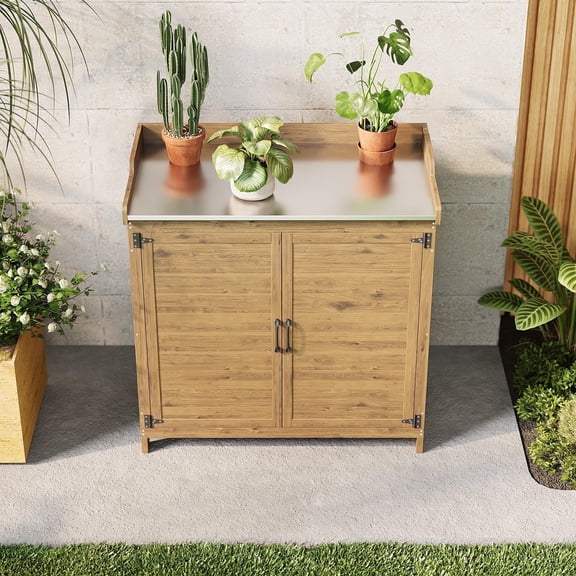 Asofer Outdoor Potting Bench with Metal Tabletop, Small Outdoor Storage Cabinet with Double Doors, Natural