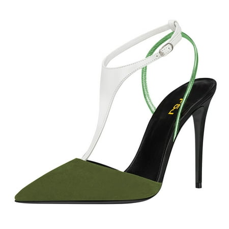 FSJ Women Sexy Stiletto High Heels Pumps Pointy Close Toe D Orsay Slingback T-Strap Buckle Slide Sandals Casual Work Formal Shoes Size 6.5 Green