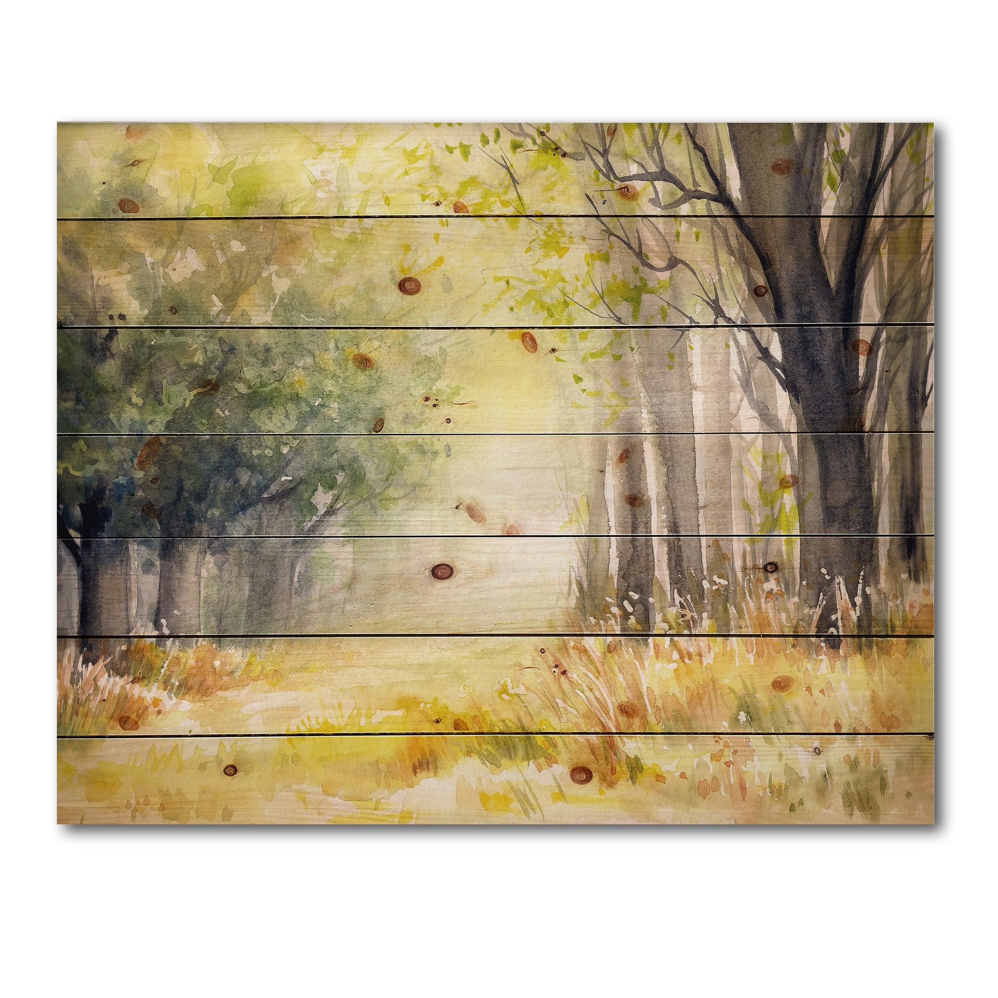 Designart 'Bright Sunshine Through The Yellow Forest Trees III' Traditional Print on Natural Pine Wood