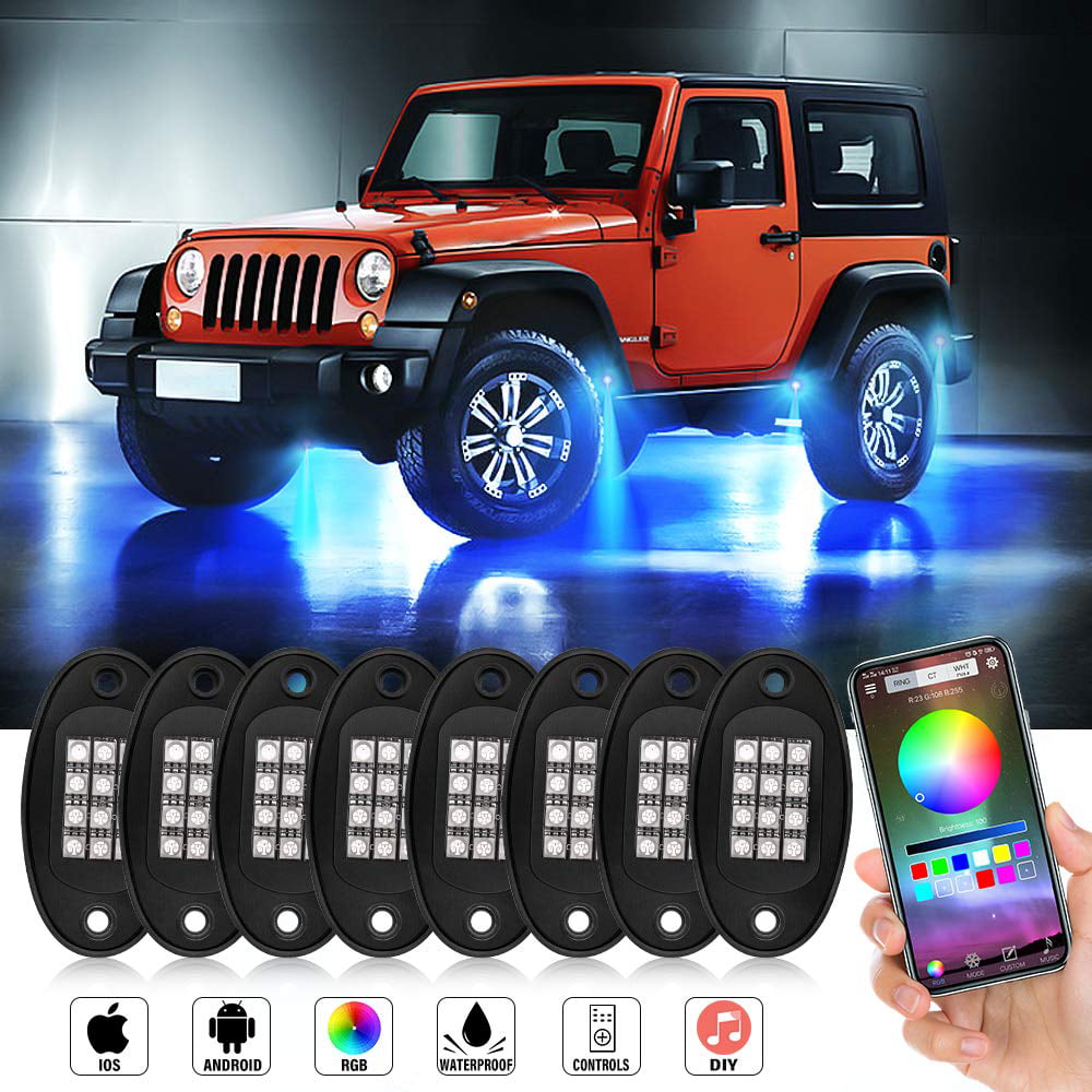 12V 20W Timing Function JoaSinc RGB LED Rock Lights with Bluetooth APP Contorl 8 Pods Multicolor Neon LED Light Kit Music Mode Voice Control IP67 Waterproof for J-eep Offroad Truck ATV SUV 