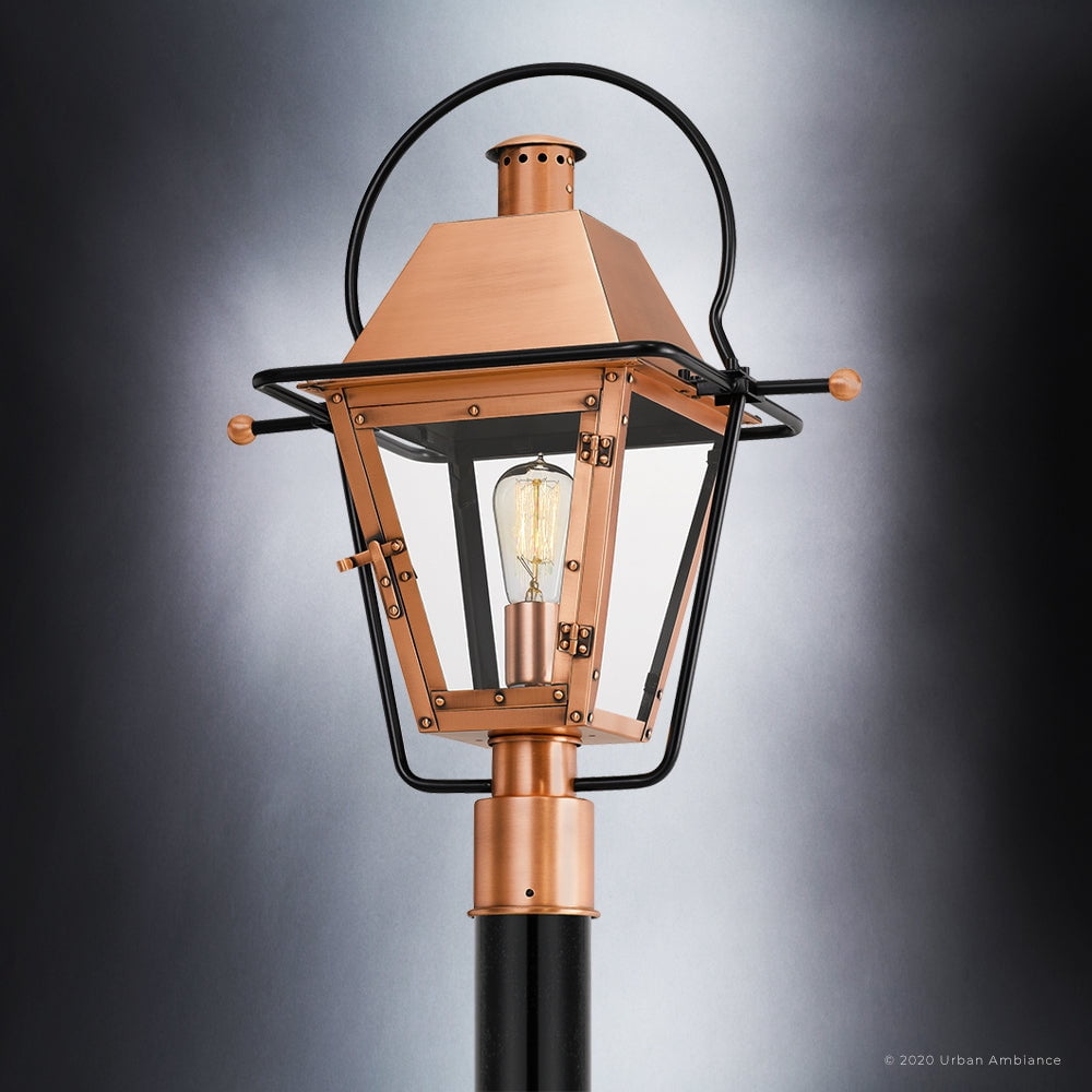Luxury Historic Outdoor Post Light, 22.75''H x 17.75''W, with Tudor Style Elements, French Country Design, Rustic Copper Finish and Clear Tempered Glass Panels, UQL1380