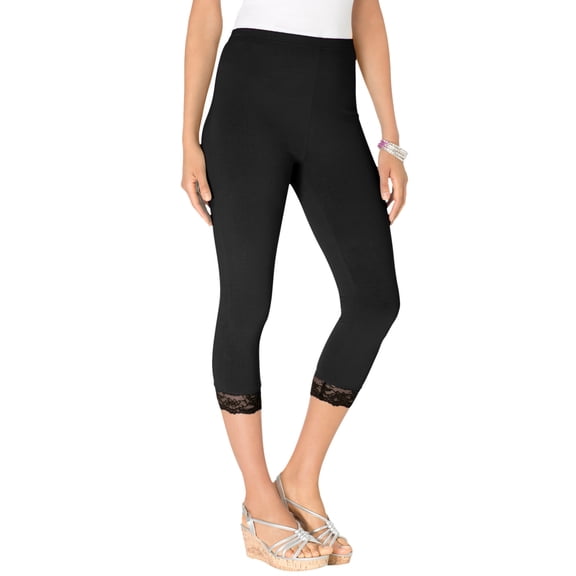 Roaman's Women's Plus Size Lace Trim Essential Stretch Capri Legging