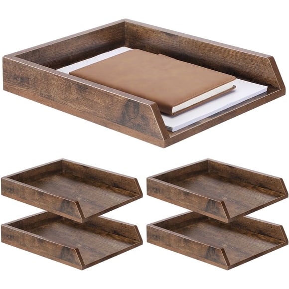 DoubleFill 4 Pcs Wooden Letter Trays Wood Letter-Size Desk Organizer Heavy Duty 2 Tier Stackable Supports Paper Tray Desktop Drawer Organizer File Fo
