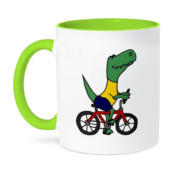 3dRose, Funny Green T-rex Dinosaur Riding Red Bike, 15oz Two-Tone Green Mug