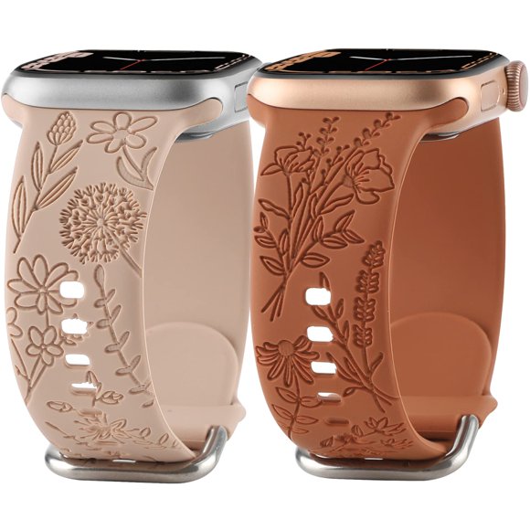 Bracelet en Silicone Gravé Fleur compatible avec Apple Watch 38mm 40mm 41mm, Design Floral Mignon pour Femmes Bracelet Sport Doux de Remplacement pour iWatch Série 8 7SE654321 (42