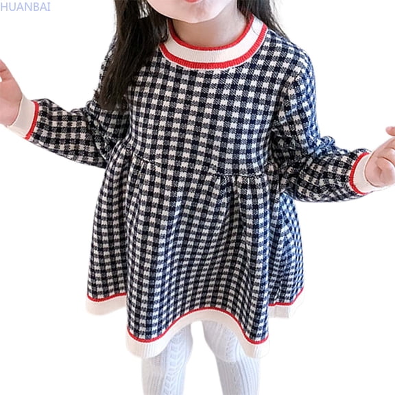 HUANBAI Korean Style Girls' Knitted Plaid Long Sleeve Dress Cute And Comfortable Kids' Apparel A-line Sundress 18-24 Months