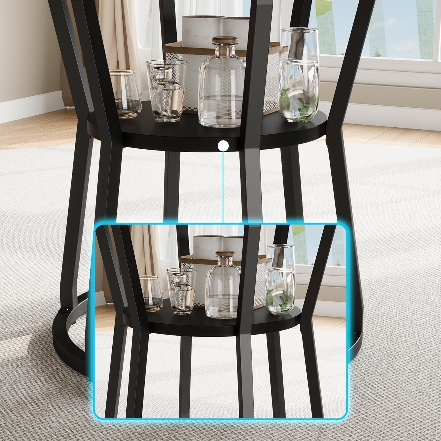 JoanKaren 47.2" Farmhouse Round Dining Table,Space Saving Wood Kitchen & Dining Room Circle Table Furniture with Storage and Metal Legs,Black Oak
