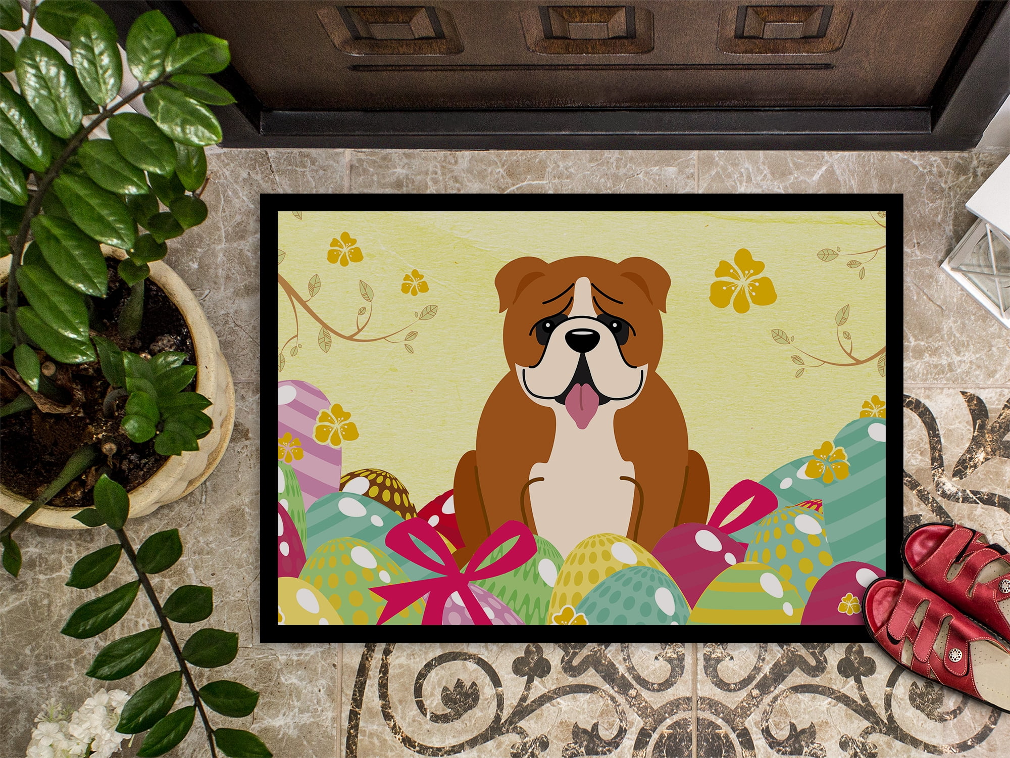 Carolines Treasures BB6120JMAT 24 x 36 in. Easter Eggs English Bulldog Red White Indoor or Outdoor Mat