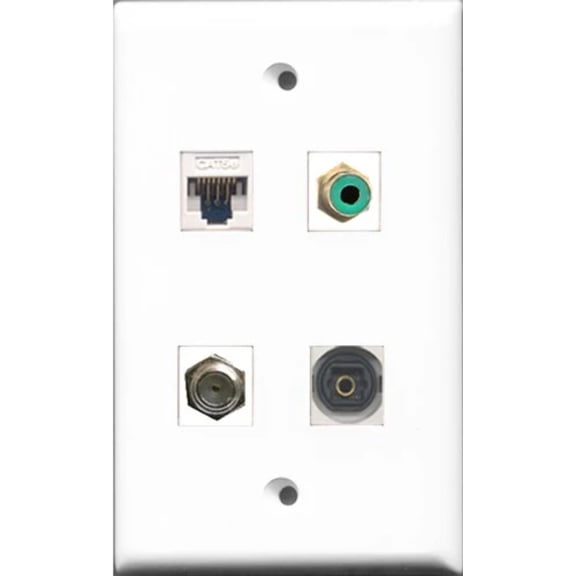 RiteAV 1 Port RCA Green and 1 Port Coax Cable TV- F-Type and 1 Port Toslink and 1 Port Cat5e Ethernet White Wall Plate