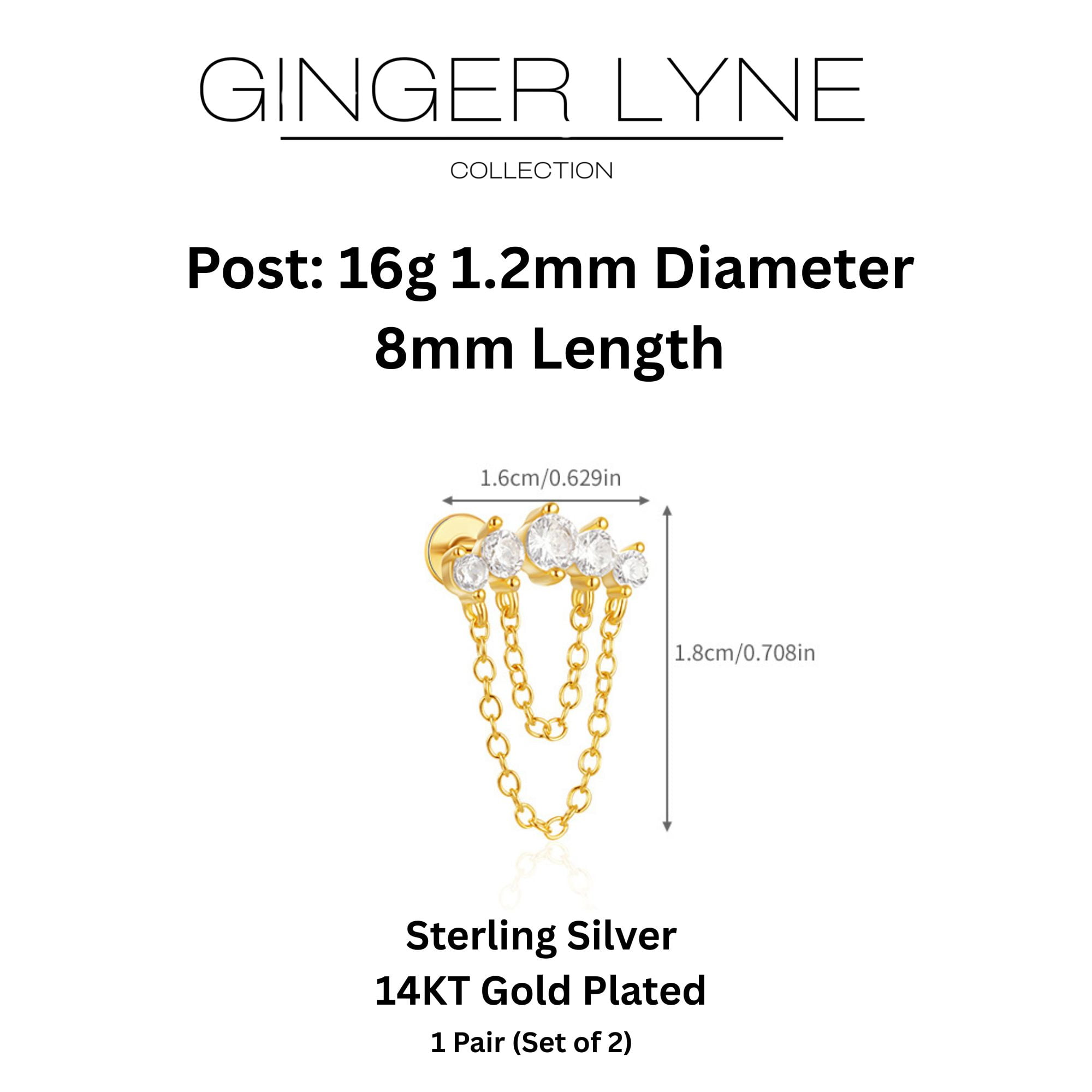 Crawler with Chains CZ Flat Back Earrings 16g Cartilage Helix Tragus Lobe Sterling Silver 1 pair by Ginger Lyne