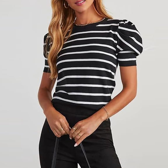 Womens Short Sleeve Tops Women's Striped Pullover Round Neck Bubble Sleeve T Shirt Tops for Women