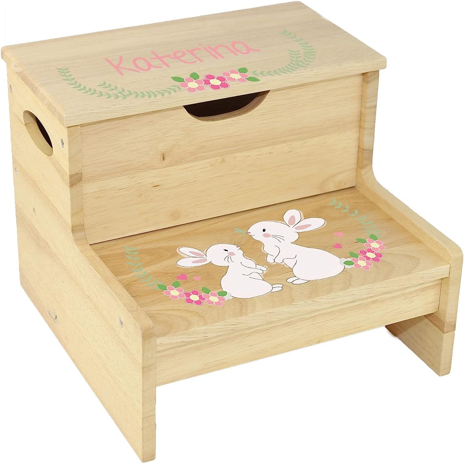 Child's Personalized Wood Step Stool with Storage Stool Bunny Design for Nursery