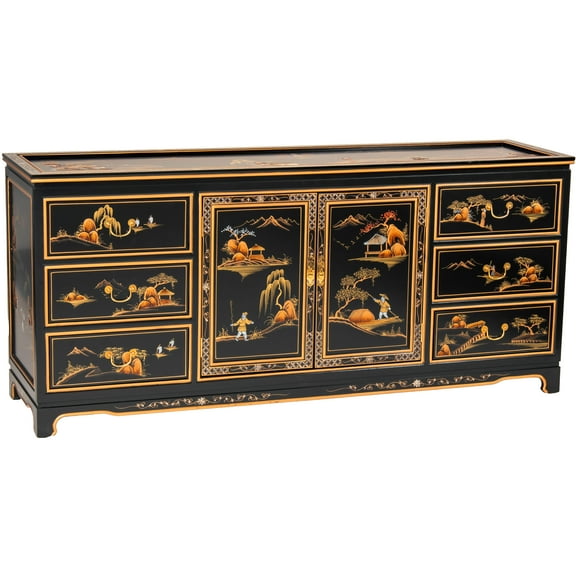 Oriental Furniture Black Lacquer Dresser - Landscape