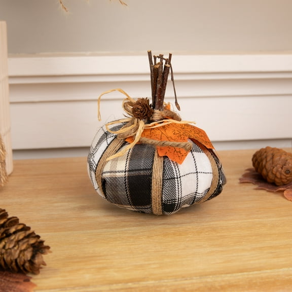 Northlight Plaid Pumpkin with Jute Bow Fall Harvest Decoration - 5" - White and Black