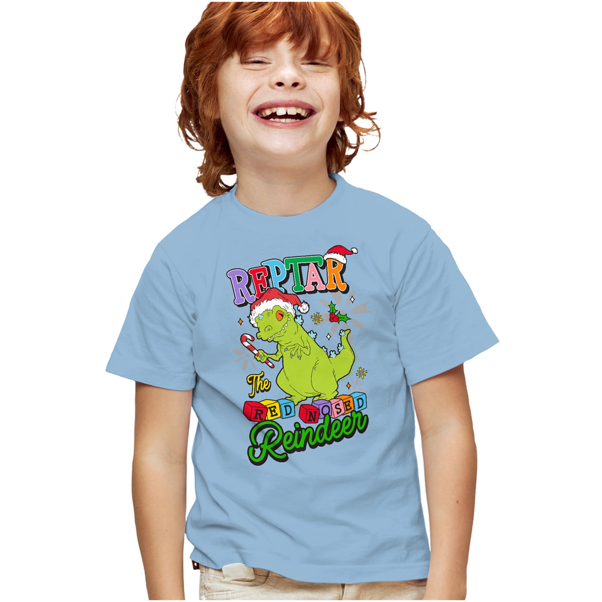 Rugrats Christmas Reptar The Red Nosed Reindeer Kids T Shirt for Youth Boys and Girls, Light Blue, X-Small
