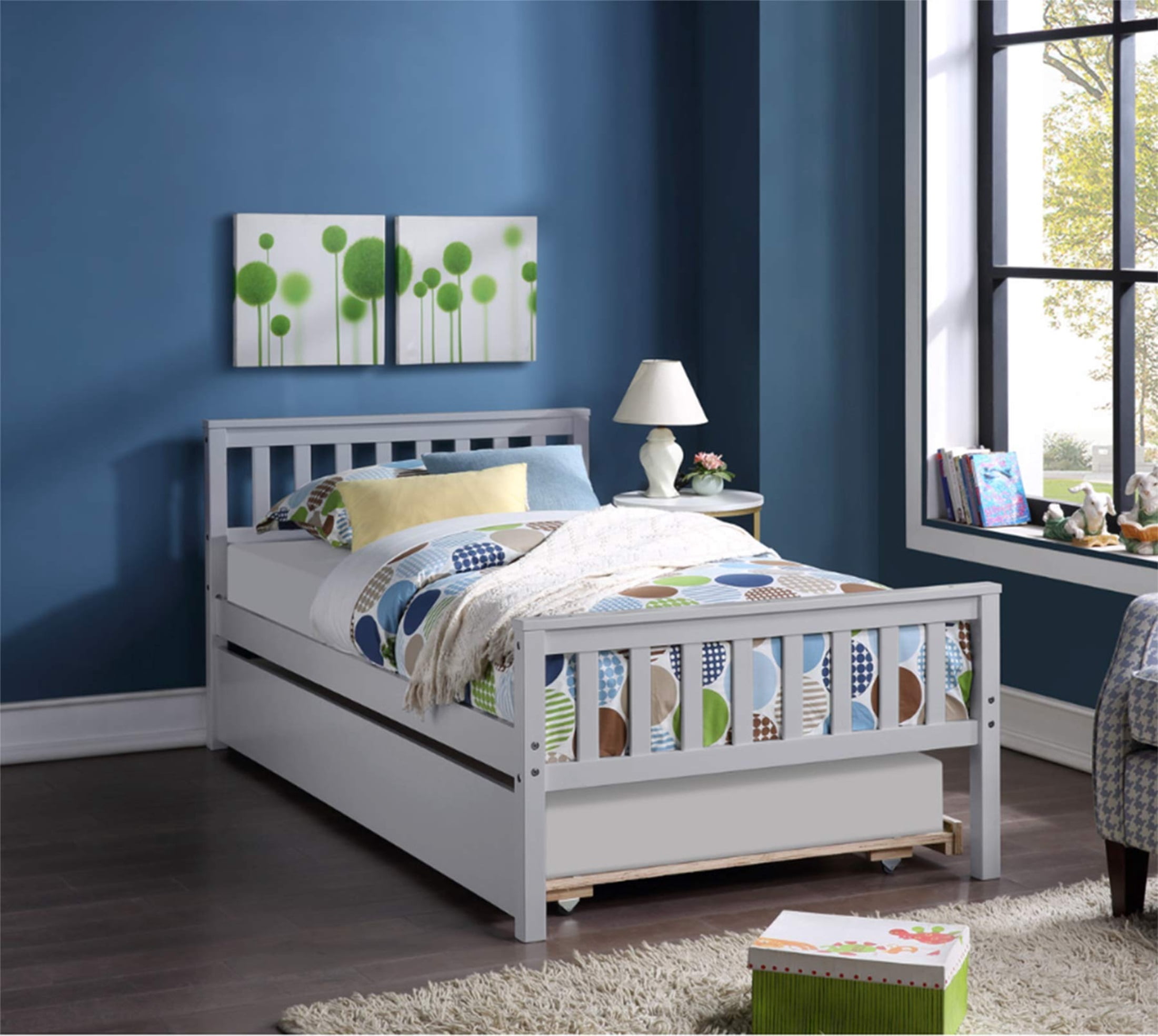 Wooden Twin Bed Frame with Trundle, Headboard and Footboard,  No Box Spring Needed, Grey