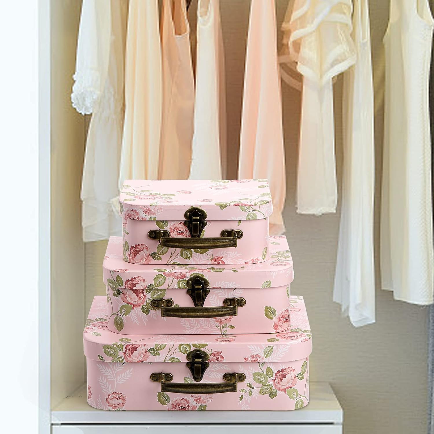 3 Pack Paperboard Suitcases Storage Box With Lids - Decorative Gift Boxes for Photo Storage, Home Decoration, Wedding, Birthday, Anniversary - Pink