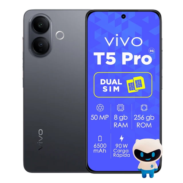 celular smartphone vivo t5 pro 5g | 8 + 256gb | 6500 mah | cámara 50mp Vista frontal y posterior del Vivo T5 Pro 5G negro, pantalla AMOLED FHD+ de 6.77" con perforación central, interfaz promocional en pantalla, módulo trasero con dos lentes circulares y acabado mate; procesador Dimensity 7400-Turbo y conectividad 5G destacados, ideal para gaming, streaming y creación de contenido móvil.