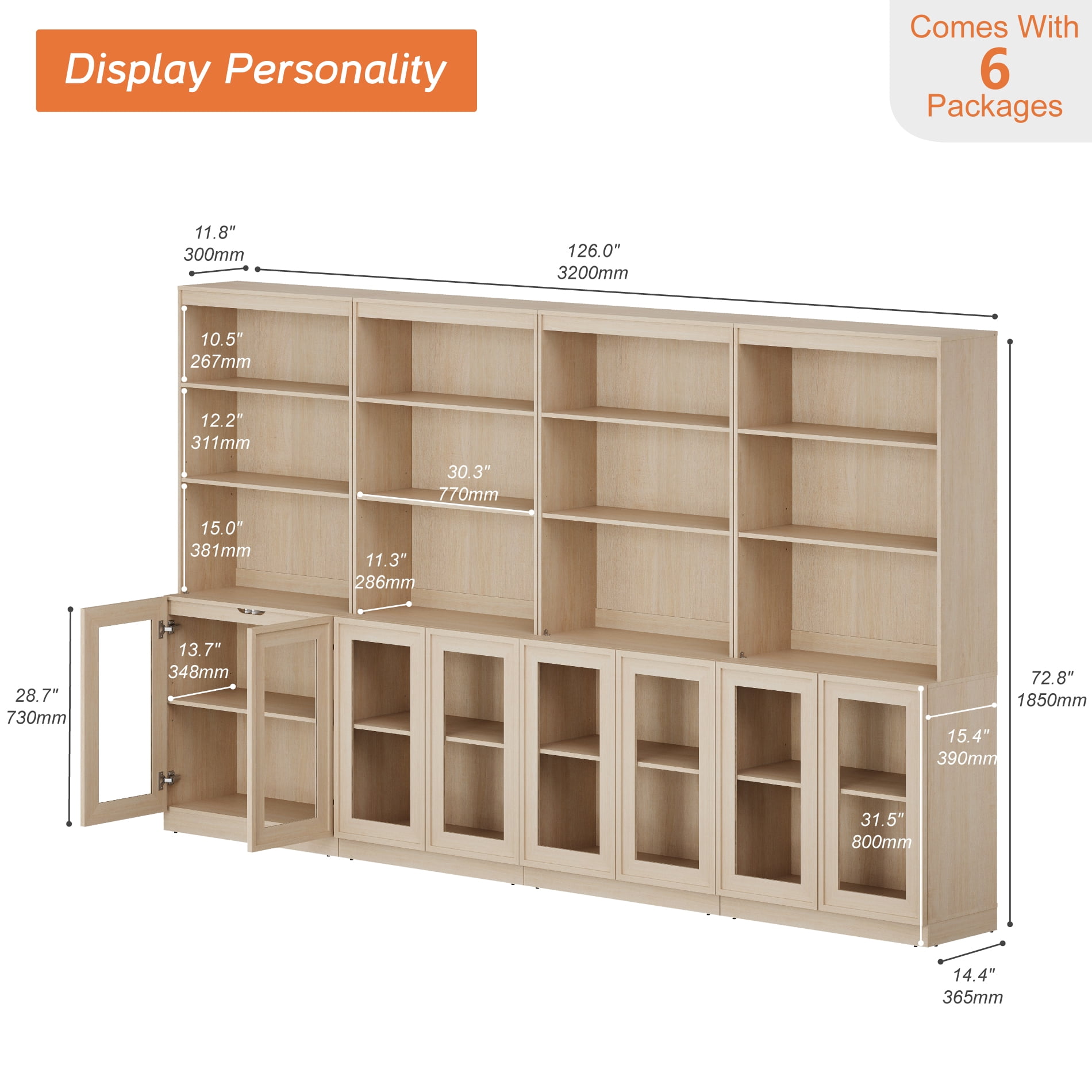 Modern 72" Tall Sideboard Buffet Cabinet, Glass Door Storage Cabinet with Adjustable Shelves, Open & Closed Layered Wood Console Cabinet for Dining Room Living Room Entryway,Beige