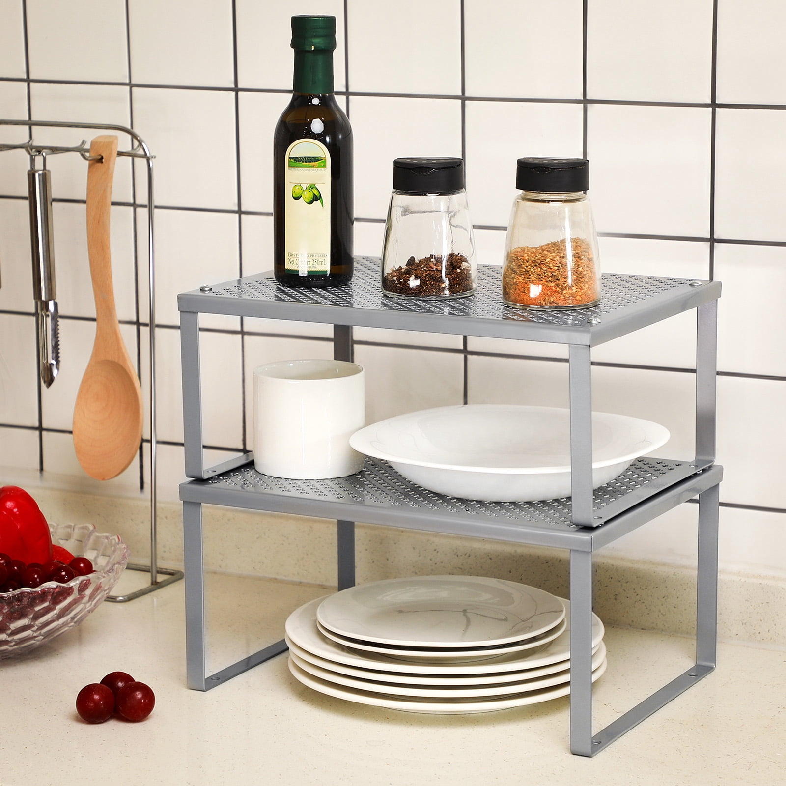 2 Pack Cabinet Organizers Shelf, Kitchen Counter Shelves, Metal Spice Rack, Kitchen Storage, Stackable, Expandable, Silver