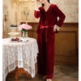 thumbnail image 3 of Defitshape Women's 2 Piece Velvet Pajamas Warm V Neck Long Sleeve Shirt Pants Pjs Luxury Comfy Button Up V Neck Sleepwear Burgundy Medium, 3 of 4