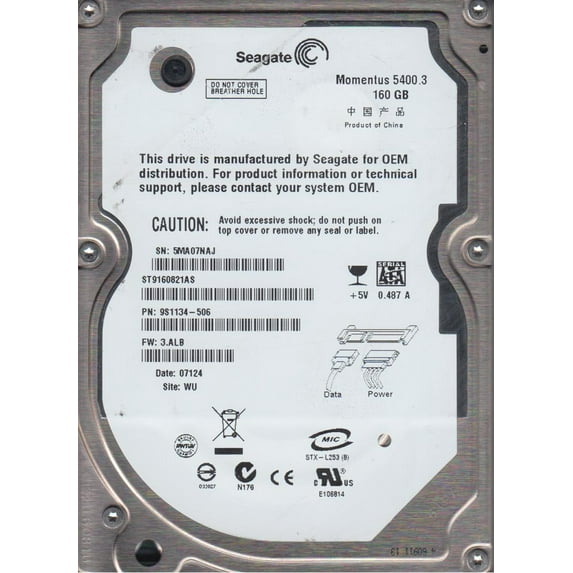 ST9160821AS, 5MA, WU, PN 9S1134-506, FW 3.ALB, Seagate 160GB SATA 2.5 Hard Drive