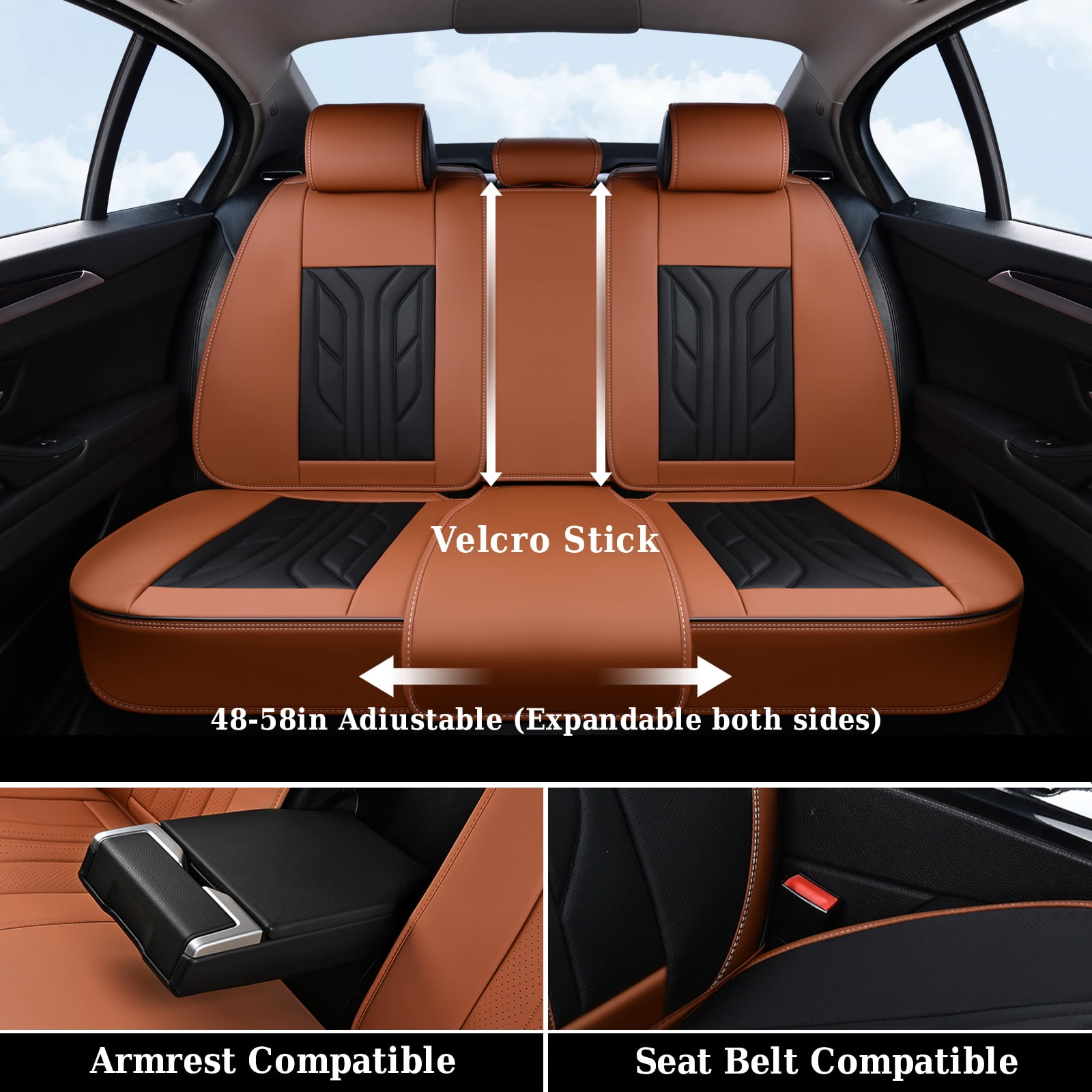 Coverado Car Seat Covers Full Set, Waterproof Airbag Compatible Faux Leather Front and Back Car Seat Protectors, Universal Fit for Most Sedans SUV Pick-up Truck, Black&Brown