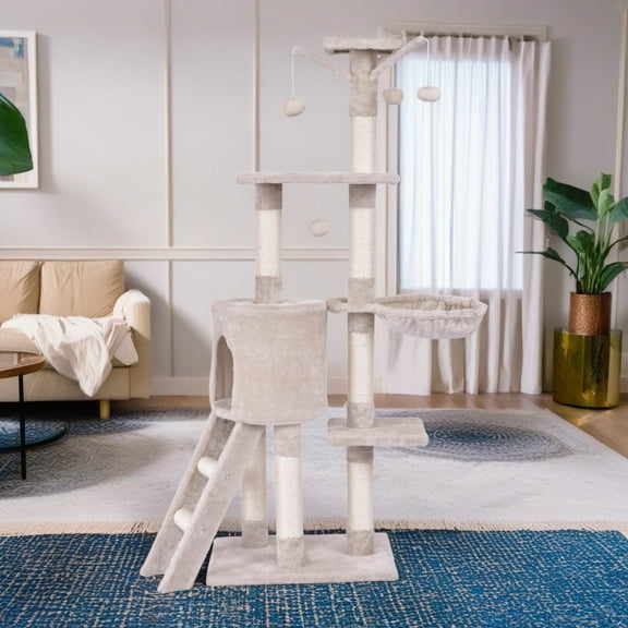 Pefilos 56" Cat Tree House for Large Cats, Cat Condo Tower with Ladder Scratching Posts, Jump Platform Cat Play Tree, Beige